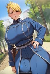 ai_generated big_ass big_breasts big_butt big_thighs blonde_female blonde_hair disappointed fullmetal_alchemist fullmetal_alchemist_brotherhood hi_res high_quality high_resolution highres huge_ass huge_breasts huge_butt huge_thighs looking_at_viewer mature mature_female mature_woman milf military military_uniform outdoors park ponytail public public_park riza_hawkeye standing thick thick_ass thick_butt thick_hips thick_legs thick_thighs vanillaramen voluptuous voluptuous_female wedding_ring wide_hips