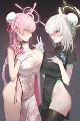 2girls artist_request big_breasts blue_archive blush breast_press halo hanako_(blue_archive) handholding qipao sakurako_(blue_archive) stockings thick_thighs trinity_general_school_student