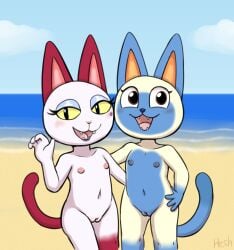 4_fingers animal_crossing anthro beach bedroom_eyes biped blue_body blue_fur blue_nipples blue_nose blush breasts countershade_arms countershade_face countershade_legs countershade_tail countershade_torso countershading digital_media_(artwork) domestic_cat duo eyelashes fangs felid feline felis female female/female female_anthro fingers flat_chested fur genitals glistening_eyelids gloves_(marking) half-closed_eyes heshieokf hi_res inviting looking_at_viewer mammal markings mitzi_(animal_crossing) mole_(marking) multicolored_body narrowed_eyes navel nintendo nipples nude nude_anthro nude_female olivia_(animal_crossing) open_mouth pink_nipples pink_nose pointy_ears portrait prick_ears seductive siamese smile solo spread_arms standing tail teeth tongue two_tone_body vulva