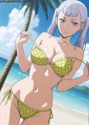 ai_generated beach bikini black_clover blue_sky breasts cloud cowboy_shot day earrings female jewelry long_hair looking_at_viewer mr_geroiniy navel noelle_silva ocean outdoors palm_leaf palm_tree purple_eyes sand side-tie_bikini silver_hair sky smile solo strapless_bikini thigh_gap tree twintails untied water yellow_bikini