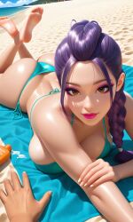 1girls ai_generated bare_arms bare_back bare_legs bare_shoulders bare_thighs barefoot beach beach_towel bikini braid braided_hair brown_eyes eyebrows eyelashes eyeliner eyeshadow female hi_res kpop_demon_hunters large_ass large_breasts lipstick looking_at_viewer netflix ocean purple_hair rumi_(kpop_demon_hunters) sand smiling sony_pictures_animation thick_thighs waifufamily