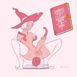 1boy choker closed_eyes english_text full_body hat highres large_penis nipple_penetration original penis penis_tentacle short_hair simple_background summoning tailbox tentacle testicles thighhighs white_background white_choker white_hair white_thighhighs wizard wizard_hat