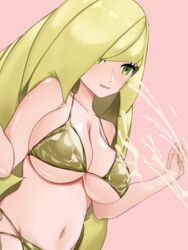 1girls big_breasts bikini blonde_hair breasts cum cumshot ejaculation female green_eyes kazukine large_breasts long_hair lusamine_(pokemon) mature_female milf mother nintendo pink_background pokemon pokemon_sm semen standing