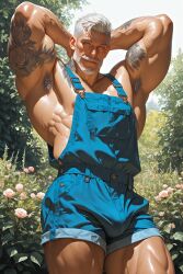ai_generated bara daddy dilf gay grey_hair handsome hunk male_only muscular muscular_male old_male older_male original_character silver_fox silver_hair solo_male tattoo tattoo_on_arm tattooed_arm zodoai