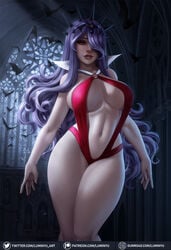 1girls alternate_costume arms_at_sides bare_shoulders bat bats big_breasts breasts camilla_(fire_emblem) center_opening cleavage commentary cosplay curly_hair curvaceous curvy english_commentary female female_only fire_emblem fire_emblem_fates gumroad_logo gumroad_username hair_ornament hair_over_one_eye highleg highleg_leotard highres hips indoors large_breasts legs_together leotard lips long_hair looking_at_viewer luminyu mole mole_on_breast nail_polish navel nintendo pale-skinned_female pale_skin parted_lips patreon_logo patreon_username purple_hair red_eyes red_leotard red_nails smile smiling solo standing stomach strapless strapless_leotard thick_thighs thigh_gap thighs tiara twitter_logo twitter_username vampirella vampirella_(character) vampirella_(cosplay) very_long_hair voluptuous web_address wide_hips