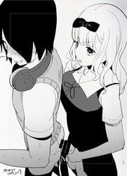 1boy 1futa aimaitei_umami anal anal_sex ass bangs black_dress blush bow breasts clenched_teeth commentary_request cum cum_on_ass dress fujiwara_chika futa_on_male futa_with_male futanari greyscale hairbow headphones headphones_around_neck ishigami_yu kaguya-sama_wa_kokurasetai_~tensai-tachi_no_renai_zunousen~ masturbation medium_hair monochrome nose_blush open_mouth penis school_uniform short_sleeves teeth testicles