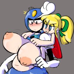 >:3 1:1_aspect_ratio 2girls :3 assisted_exposure blonde_hair blush breasts breasts_out_of_clothes clothed female female_only fupoo huge_breasts lifted_by_another mega_man mega_man(classic) multiple_girls open_clothes robot robot_girl roll shirt shirt_lift shirt_lifted_by_another shirt_up splash_woman yuri