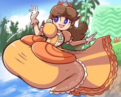 1girls absurdres ass ass_in_dress blue_eyes brown_hair crown cute dress earrings female flower gloves heels huge_ass large_ass mario_(series) nintendo png princess princess_daisy princess_dress royaloppai super_mario_bros. super_mario_bros._2 super_smash_bros.