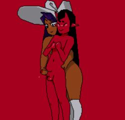 1boy 1girls animated ass blue_hair couple cute dark-skinned_female dark_hair dark_skin demon demon_boy female female_human femboy femboy_on_female femdom flora gif girly hand_on_hip handjob happy_sex hat hetero horns human humanoid large_ass larger_female long_hair male male/female monster_boy naked_thighhighs nude pixel_art pointy_ears precum red_skin small_penis smaller_male smile straight tekoki thighhighs wincing ysaÿe