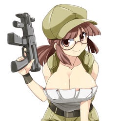 artist_request bare_arms bare_shoulders baseball_cap belt black-framed_eyewear breasts brown_eyes brown_hair cleavage closed_mouth collarbone female female_focus fio_germi glasses gun hat holding holding_gun holding_weapon large_breasts leaning leaning_forward looking_at_viewer matching_hair/eyes metal_slug midriff military military_uniform mp5k neck ponytail short_hair shorts simple_background sleeveless smg smile soldier solo strapless submachine_gun tubetop vest weapon white_background white_tubetop wristband