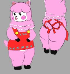 alpaca animal_crossing anthro apron blush eyelashes female fluffy fur furry furry_only nicechan nintendo pink_fur pink_hair reese_(animal_crossing) solo solo_female standing tail thick_thighs wide_hips