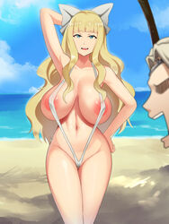 1boy 1girls alternate_breast_size beach big_breasts blonde_hair blue_eyes breasts charlotte_(fire_emblem) devilukez faceless_male fire_emblem fire_emblem_fates huge_breasts large_breasts light_blue_eyes long_hair nintendo nipples ocean pussy seaside solo_focus summer thong_bikini thong_leotard uncensored wide_hips xander_(fire_emblem)