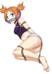 1girls ass blue_eyes bondage bound eye_contact feet female female_focus female_only gag genius_sonority legs_together mirei_(pokemon) nintendo orange_hair pokemon pokemon_colosseum redhead restrained rope rope_bondage rui_(pokemon) tape_gag taped_mouth tied_up