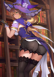 1girls ass bangs big_ass big_breasts big_butt black_gloves black_legwear book bookshelf breasts brown_hair clothed clothed_female dress female female_focus female_only flower fully_clothed genshin_impact gloves green_eyes hat hat_belt hat_flower ko-ma koma_(artist) ladder lisa_(genshin_impact) long_hair looking_at_viewer looking_back mage multicolored multicolored_clothes multicolored_dress purple_capelet purple_flower purple_headwear rose solo solo_female thighhighs thighs witch witch_hat