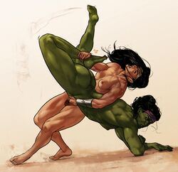 2girls amazon ass black_hair breasts catfight crossover dc dc_comics dima_ivanov feet female female_only fight fighting green-skinned_female green_hair green_skin headband hulk_(series) legs marvel marvel_comics medium_breasts multiple_girls muscles muscular muscular_female muscular_thighs nipples nonsexual_nudity nude nude_female pubic_hair she-hulk simple_background submission_hold thighs tiara uncensored wonder_woman wonder_woman_(series) wrestling