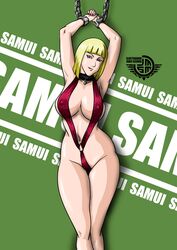 1girls armpits arms_up big_breasts bikini blonde_hair blue_eyes bob_cut bondage breasts character_name choker cleavage cuffed cuffs erect_nipples erection_under_skirt female female_only green_background joao_segura licking_lips long_hair looking_at_viewer naruto naruto_(series) naruto_shippuden naughty_face nipples samui simple_background sling_bikini smile swimsuit tongue tongue_out wide_hips