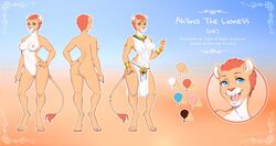 ah'lina_the_lioness anthro ass blue_eyes breasts clothing deerstail digitigrade fangs felid female fur hair hand_on_hip lion loincloth mammal model_sheet nipples nude open_mouth orange_hair pantherine smile solo standing tail_tuft tan_body tan_fur tuft