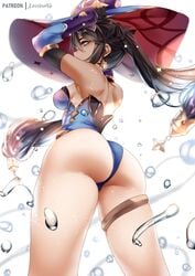 1girls ass big_ass big_butt black_hair breasts earrings female genshin_impact green_eyes highres huge_ass leotard looking_at_viewer looking_back looking_down mona_(genshin_impact) patreon solo solo_female solo_focus thick_thighs thighs thong_leotard water watermark witch witch_hat zasshu96