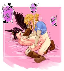 2boys anal anal_sex angel angel_wings balls black_hair black_hair_bottom blonde_hair blonde_hair_on_black_hair blonde_hair_top blue_eyes blush boots breath_of_the_wild champion's_tunic colored_background crossover cum cum_drip cum_in_ass cum_inside dark_pit domination drooling erection feathered_wings feathers femboy fur_trim gay heart humanoid humanoid_penis hylian kid_icarus kid_icarus_uprising light_hair_on_dark_hair link link_(breath_of_the_wild) long_hair_male looking_down looking_pleasured male male/male male_nipples male_only male_penetrating male_penetrating_male moaning moaning_in_pleasure on_side open_mouth penis pierced_ears piercing pointy_ears red_eyes sex shaved_crotch smooth_skinned_male soft_sizzle text text_bubble the_legend_of_zelda tunic twink wreath yaoi