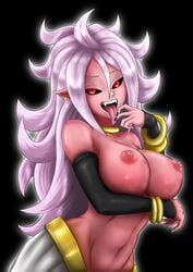 1girls 2010s android_21 black_sclera breasts dark_persona dragon_ball dragon_ball_fighterz ear_piercing female half-dressed humanoid jewelry large_breasts long_hair looking_at_viewer majin majin_android_21 monster_girl nail_polish nipples open_mouth pants pink_hair pink_skin pointy_ears red_eyes smiling solo standing tail tongue tongue_out topless white_hair ydraw4fun