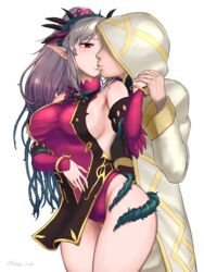 1boy 1girls armpits bare_legs bare_thighs big_breasts blade_ride breast_grab fairy fire_emblem fire_emblem_heroes grey_hair groping groping_from_behind hand_holding holding_hands kiran_(fire_emblem) kiran_(fire_emblem)_(male) kissing large_breasts multicolored_hair nintendo plumeria_(fire_emblem) pointy_ears ponytail red_eyes sideboob silver_hair thighs wide_hips