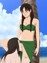 1boy 1girls against_tree bare_shoulders beach bikini bikini_bottom_removed blush bow braids brown_eyes brown_hair clothed_sex clothing cunnilingus darkalx female hand_on_leg hyuuga_neji kneeling licking licking_pussy long_hair male moaning naruto naruto_(series) naruto_shippuden no_panties ocean oral palm_tree pussy raised_leg saliva saliva_drip saliva_trail sand skirt standing swimsuit tenten tied_hair topless vagina water wet wet_pussy