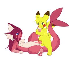 1boy 1girls anthro ass balls blue_eyes blush breasts canine cute dragonling female fish_tail knot laying_down mammal nintendo on_back open_mouth pawpads paws pikachu pink_skin plain_background pokémon_(species) pokemon pussy pussy_juice rodent tail tongue tongue_out vaginal_penetration vaporeon white_background yellow_skin