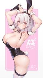 1girls armpit arms_up asla_yu ass azur_lane big_breasts black_leotard blush breasts bunny_costume bunny_ears bunny_girl bunny_tail bunnysuit busty covered_nipples fake_animal_ears hair_between_eyes legwear leotard looking_at_viewer side_view simple_background sirius_(azur_lane) white_hair