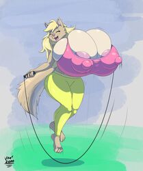 anthro areolae blonde_hair breasts bursting_breasts canine cleavage closed_eyes erect_nipples female furry hips huge_breasts jump_rope large_breasts nipple_bulge sports_bra thighs vant_talon yoga_pants