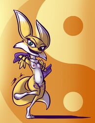 2018 alternate_color anthro arm_warmers armwear bassybefuddle black_nose breasts canid canine clothing cosplay countershade_face countershade_torso countershading crossover crossover_cosplay digimon digimon_(cosplay) digimon_(species) digital_media_(artwork) dipstick_ears dipstick_tail eyelashes facial_markings female fennec fox fur genitals green_eyes hand_behind_neck hand_on_hip head_markings leg_markings looking_at_viewer mammal markings mostly_nude multicolored_body multicolored_ears multicolored_fur multicolored_tail navel nipples nude on_one_leg oscar's_oasis paws popy pussy renamon renamon_(cosplay) simple_background small_breasts smile solo standing thigh_marking two_tone_body two_tone_fur white_body white_fur yellow_body yellow_fur