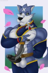 2020 abs anthro armwear balls belt blue_body blue_fur bodily_fluids canid canine canis canyne capcom clothed clothing digital_media_(artwork) flower_petals fur genital_fluids genitals hi_res humanoid_genitalia humanoid_penis klr-rio knife legwear looking_at_viewer male male_only mammal monster_hunter monster_hunter_rise muscular muscular_anthro muscular_male nipples palamute penis petals precum scarf solo vein video_games wolf