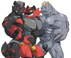 2020 abs absurd_res anthro bara bulge clothing felid from_behind_position gay group hand_on_bulge hi_res hug incineroar looking_back machoke maldu male male/male male_only mammal muscular muscular_anthro muscular_male navel nintendo nipples pantherine pecs pokémon_(species) pokemon pokemon_(species) sex simple_background smile speedo standing swimwear tiger underwear video_games white_background