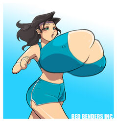 1girls bedbendersinc black_hair blue booty_shorts breasts cleavage erect_nipples female female_only green_eyes hyper hyper_breasts jogging nipple_bulge open_mouth shorts sports_bra sportswear sweatband