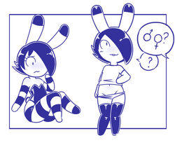 ambiguous_sex androgynous black_hair blush borrowed_character disfigure dumbun hair_over_one_eye lagomorph leotard long_ears midriff monochrome original panties rabbit speech_bubble striped_legwear thighhighs