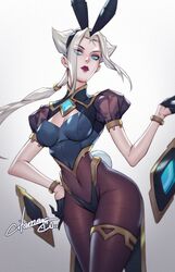 belly_button_visible_through_clothing blue_eyes bracelet bunny_ears bunny_tail bunnysuit camille_ferros citemer eyebrows_visible_through_hair eyelashes_visible_through_hair eyes_visible_through_hair front_view fully_clothed fully_clothed_female gloves hand_on_hip league_of_legends light-skinned_female light-skinned_male lipstick midriff navel_visible_through_clothes ponytail white_background white_hair wide_hips