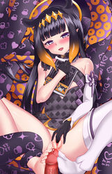 barefoot black_hair blunt_bangs blush book diuda female footjob footjob_with_legwear hololive hololive_english hololive_myth male masturbation ninomae_ina'nis orange_hair penis purple_eyes pussy single_thighhigh small_breasts straight tentacle thighhigh thighs virtual_youtuber