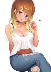 1girls :p ameyame big_breasts blonde_hair blush breasts brown_eyes brown_hair candy choker cleavage collarbone crop_top denim earrings female female_only food gradient_hair gyaru hair_between_eyes head_tilt heart highres hoop_earrings idolmaster idolmaster_shiny_colors izumi_mei jeans jewelry large_breasts legs_crossed lollipop looking_at_viewer midriff multicolored_hair nail_polish navel pants simple_background sitting solo solo_female tan tan_skin tongue tongue_out torn_pants white_background