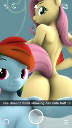 3d anthro anthrofied ass barely_visible_genitalia big_breasts big_butt breasts camtwosix duo english_text equid equine female fluttershy_(mlp) friendship_is_magic genitals hasbro hi_res looking_back mammal my_little_pony nude rainbow_dash_(mlp) smile tail_aside text wide_hips