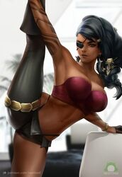 black_hair bra bracelet breasts eye_patch gloves hair_ornament league_of_legends looking_at_viewer navel nextoad samira_(league_of_legends) splits standing standing_on_one_leg stretching tattoo teasing thick_thighs vertical_splits