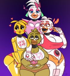 4girls animatronic arm_around_shoulders breast_press breasts chica_(fnaf) clothes_writing female female_only five_nights_at_freddy's five_nights_at_freddy's:_security_breach five_nights_at_freddy's_2 funtime_chica_(fnaf) glamrock_chica_(fnaf) graciouslycurvaceous gradient_background huge_breasts large_breasts multiple_girls robot sharp_teeth signature simple_background toy_chica_(fnaf)