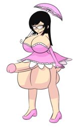 1futa ass balls black_hair breasts cleavage erection futanari glasses heels hips hyper hyper_balls hyper_testicles intersex large_breasts legs penis pink_eyes skirt solo_futa testicles tokobakure umbrella