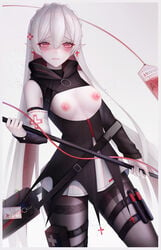 1girls areolae arknights bag black_clothing blood_bag blush breasts earrings embarrassed exposed_breasts hair_ornament highres holding legwear looking_at_viewer medic nipples pantyhose pointy_ears red_cross red_eyes small_breasts solo_female uniform warfarin_(arknights) white_hair white_skin zhixue