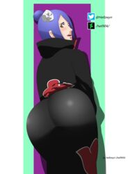 1girls akatsuki_(naruto) ass ass_focus back_view big_ass blue_hair brown_eyes cloak clothed_female clothing dat_ass eyeshadow female female_only flower flower_in_hair fully_clothed hair_ornament hell904 huge_ass konan large_ass lipstick looking_at_viewer looking_back makeup naruto naruto_(series) naruto_shippuden open_mouth piercing short_hair side_bun smile tied_hair