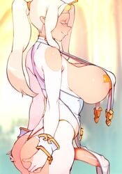 1futa big_ass big_breasts big_penis blonde_hair clothed clothing doxy erection erection_under_clothes erection_under_loincloth futa_only futanari half-closed_eyes hands_on_ass horny loincloth loincloth_lift mostly_clothed pasties side_view small_horns smug solo solo_futa standing tenting white_hair