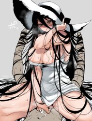 1boy areola_slip areolae black_hair blush breasts cleavage covered_penetration cowgirl_position dress female hair_between_eyes hat implied_sex kneehighs long_hair looking_at_viewer navel original red_eyes sleeveless sleeveless_dress straddling sweat takatsuki_ichi very_long_hair white_dress