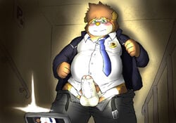 2020 anthro balls blush bottomwear brown_body brown_fur canid canine canis clothing domestic_dog erection eyewear fur genitals glasses hi_res humanoid_genitalia humanoid_penis kemono male male_only mammal necktie overweight overweight_male pants penis reddo12340 shirt topwear young