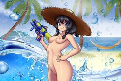 anji_(mk001black) beach black_hair blue_eyes braid breasts hat mk001black nipples ocean original original_character pussy sea seaside slender small_breasts straw_hat teenager toy twin_braids younger_female