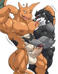 2020 abs absurd_res anthro anthrofied armpits balls bara barazoku biceps charizard darkened_genitalia darkened_penis duo emanata erection flexing genitals hi_res hug humanoid_genitalia humanoid_penis maldu male male/male muscle_worship muscular muscular_anthro muscular_male navel nintendo nipples nude obliques obstagoon open_mouth open_smile pecs penis pokémon_(species) pokemon pokemon_(species) simple_background smile standing tongue tongue_out video_games white_background wings