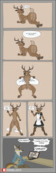 absurd_res anthro ass balls black_border border canid canine canis cervid clothing comic coyote english_text genitals hi_res kyle_(aureldrawsstuff) link6432 maid_uniform male male_only mammal moses_(samur_shalem) penis profanity simple_background solo text uniform