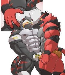 2020 abs absurd_res anthro armband ass bara bulge butt_grab chest_tuft clothing cutaway duo felid gay hand_on_bulge hand_on_butt hi_res incineroar legwear maldu male male/male male_only mammal mask muscular muscular_anthro muscular_male navel nintendo nipples pantherine pecs pokémon_(species) pokemon simple_background speedo sports_mask sportswear standing swimwear thigh_highs tiger tongue tongue_out tuft underwear video_games white_background wrestling_mask